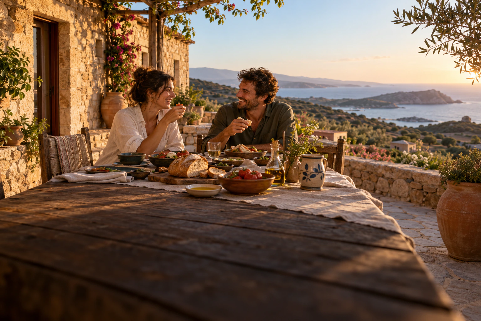 Immagine illustrativa: due ospiti cenano sulla terrazza di un agriturismo immaginario con vista sul mare.